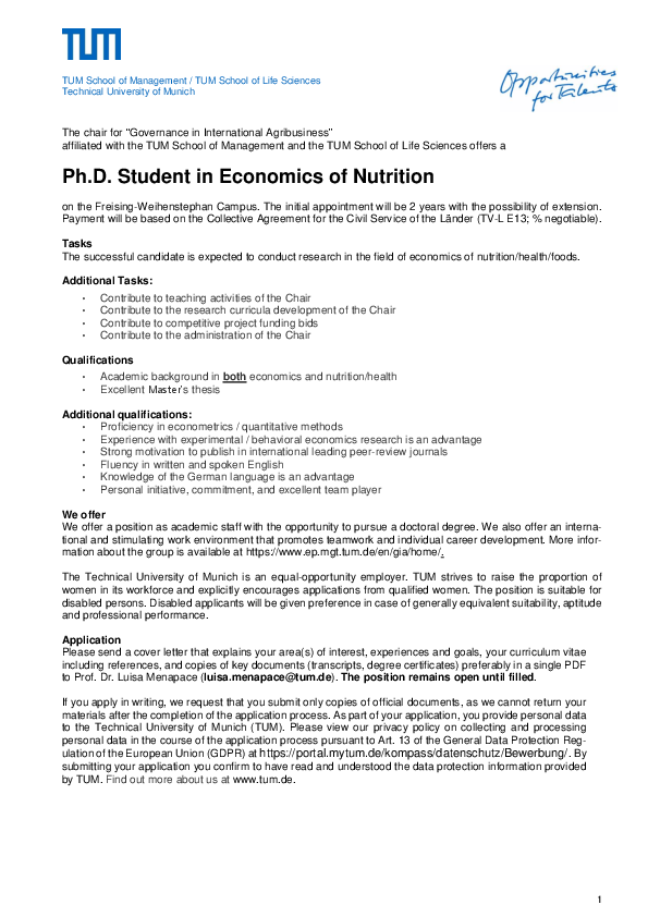 Phd in Economics of Nutrition